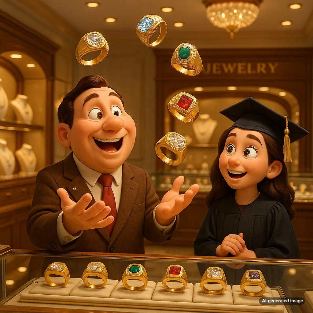 A modern signet ring resting on a graduation cap with tassel, symbolizing the perfect graduation gift