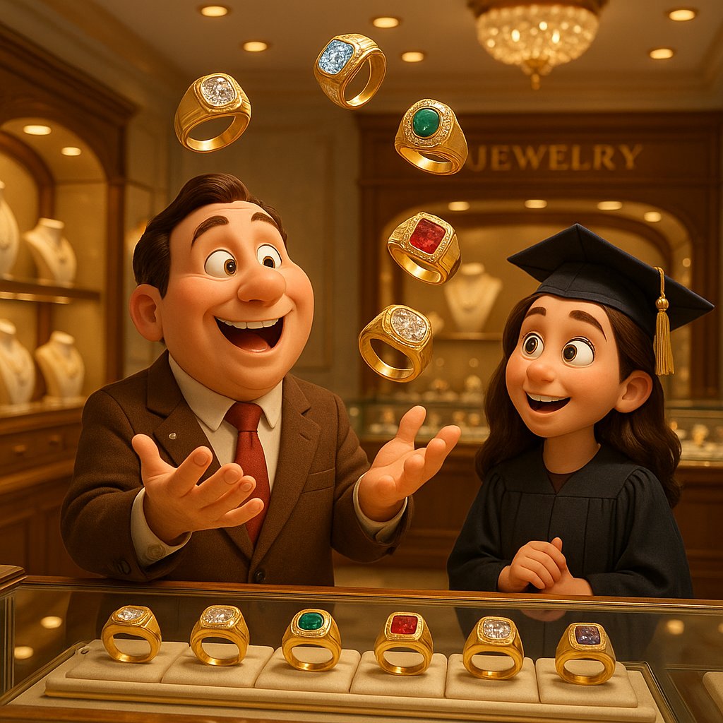 A modern signet ring resting on a graduation cap with tassel, symbolizing the perfect graduation gift