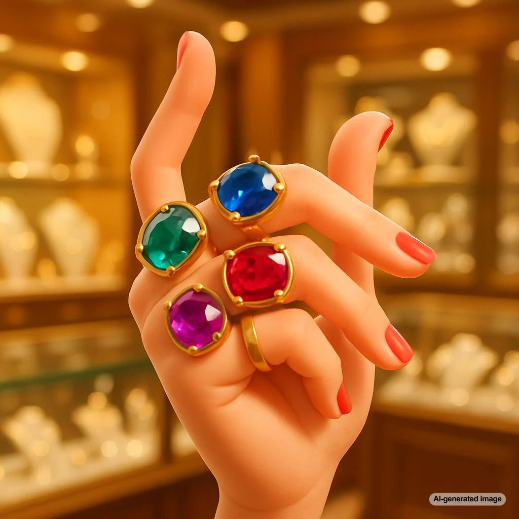 A stunning collection of colored gemstone rings showcasing various hues, saturations, and tones from Robinson's Jewelers