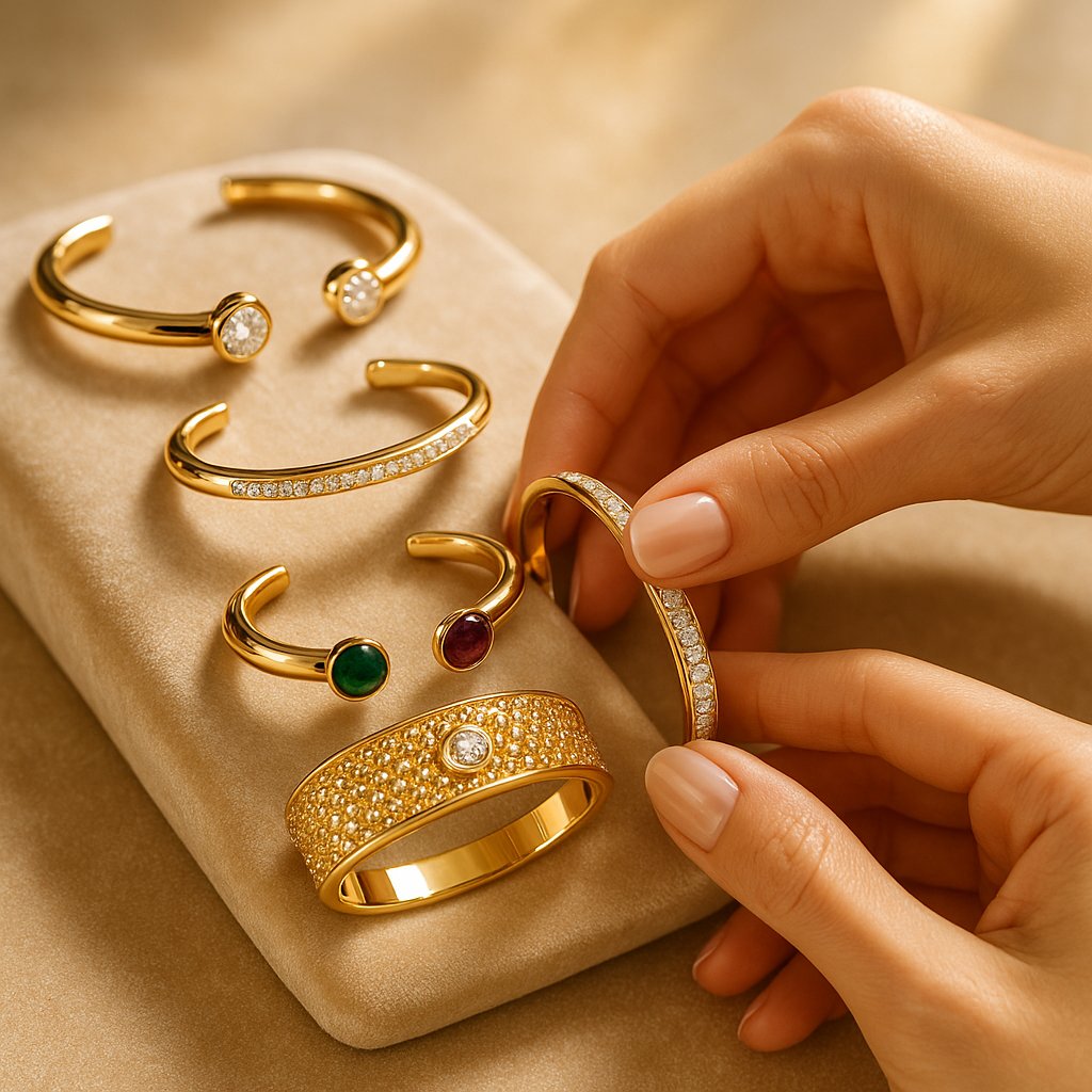 Stylish comparison of cuff and bangle bracelets displayed on a woman's wrist