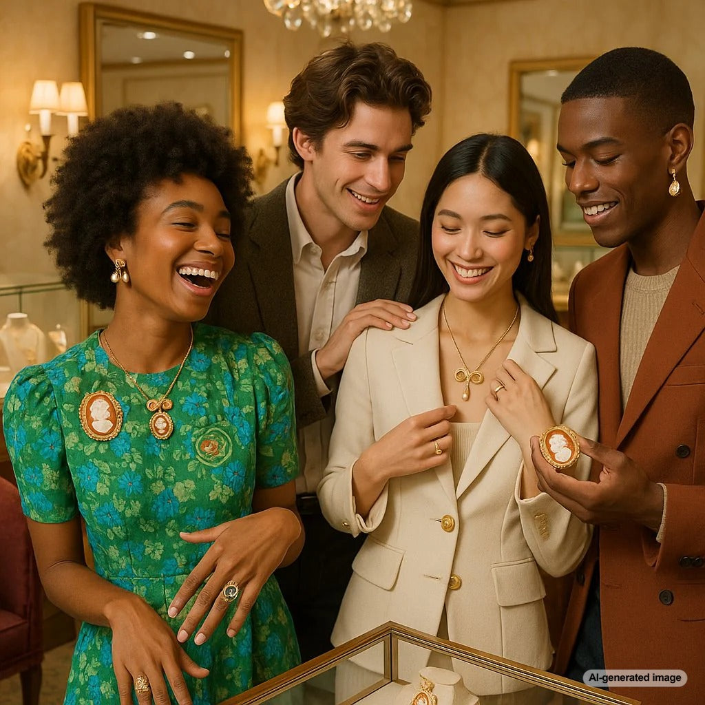 A curated collection of grandmillennial style jewelry featuring cameo pendants, bow motif earrings, and pearl bracelets on a vintage blue velvet background