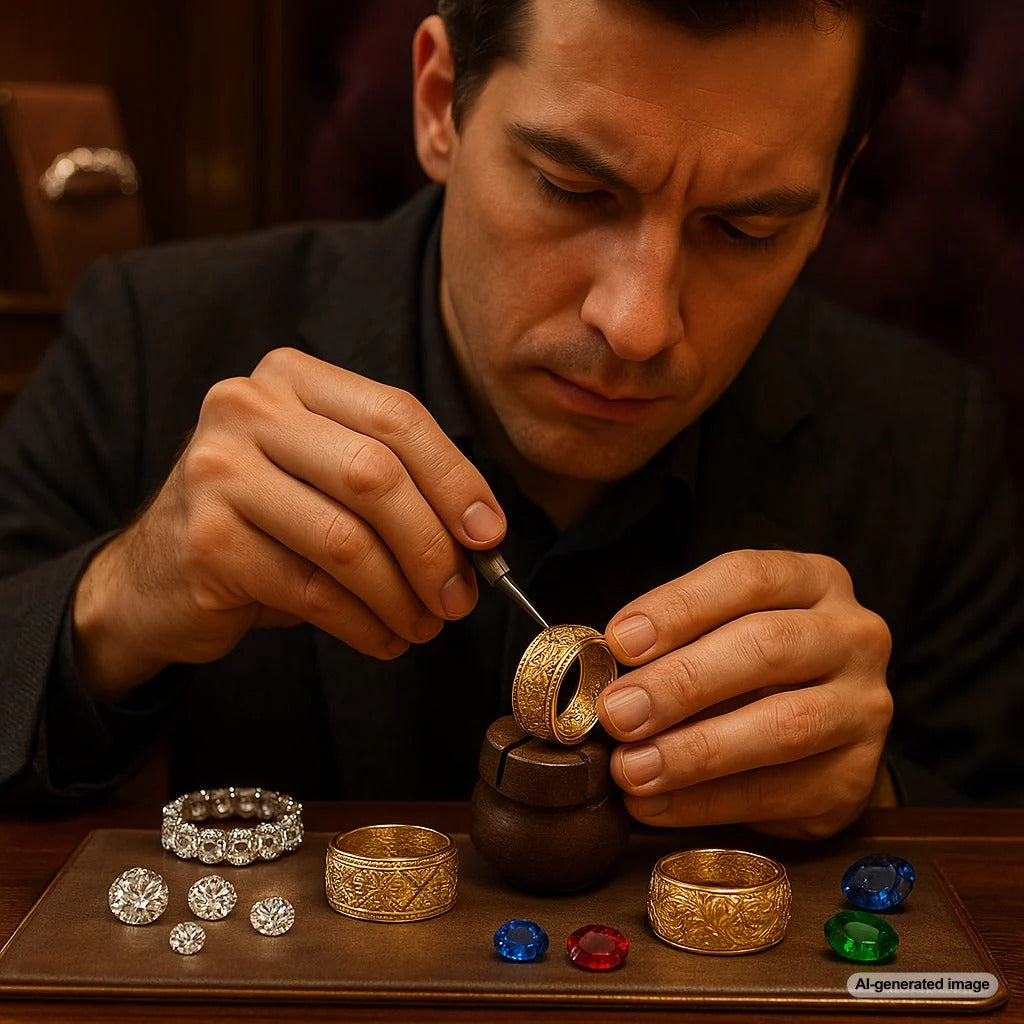 Close-up detail of hand-engraved jewelry showing intricate Florentine and bright-cut patterns on gold