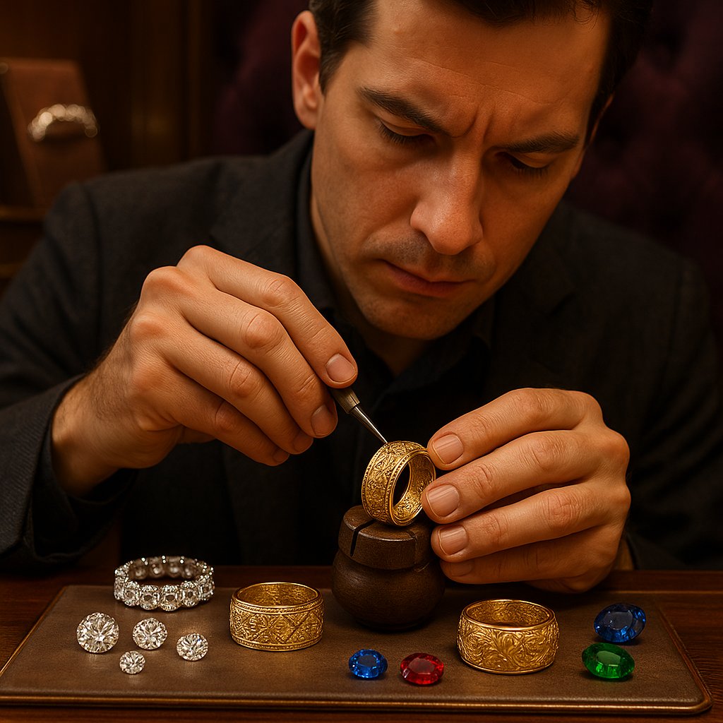 Close-up detail of hand-engraved jewelry showing intricate Florentine and bright-cut patterns on gold