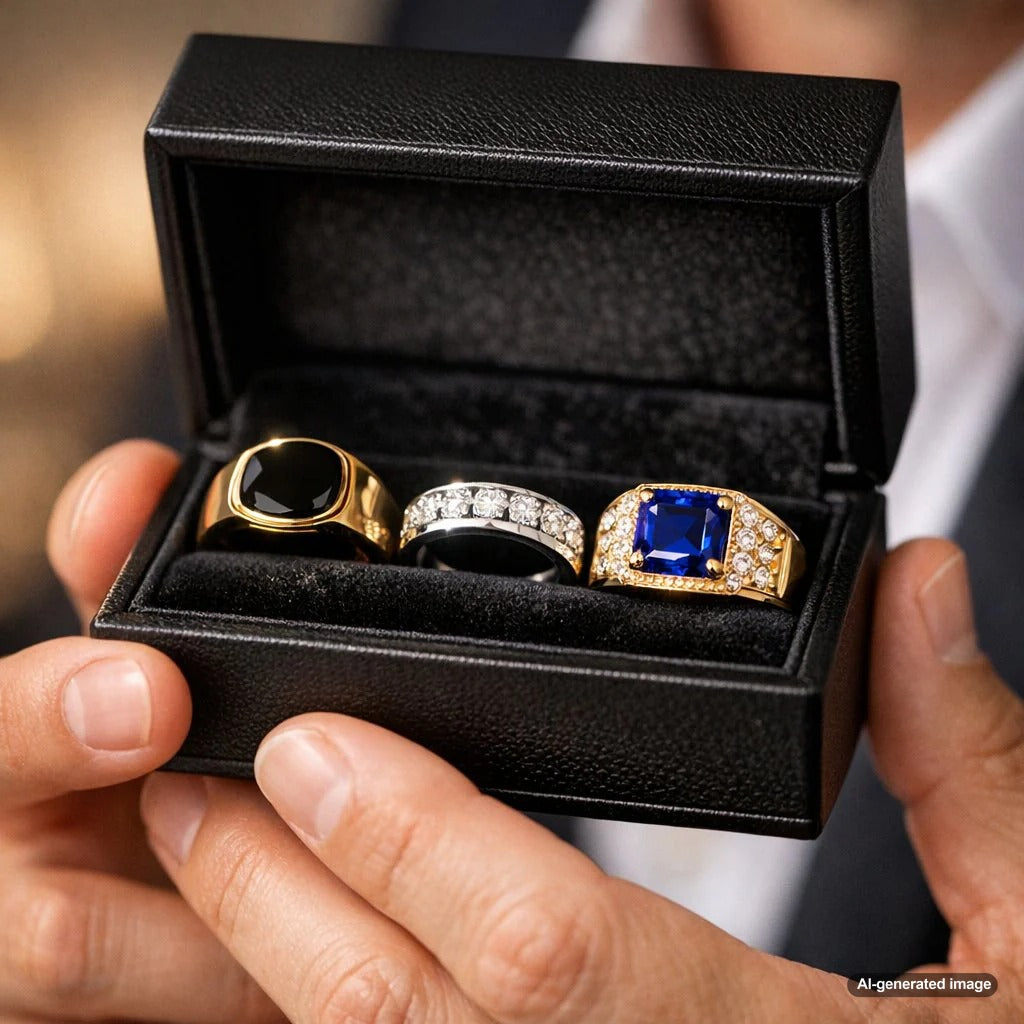A stylish guide showing a man's hand with rings on different fingers, explaining ring placement and meaning for each finger.