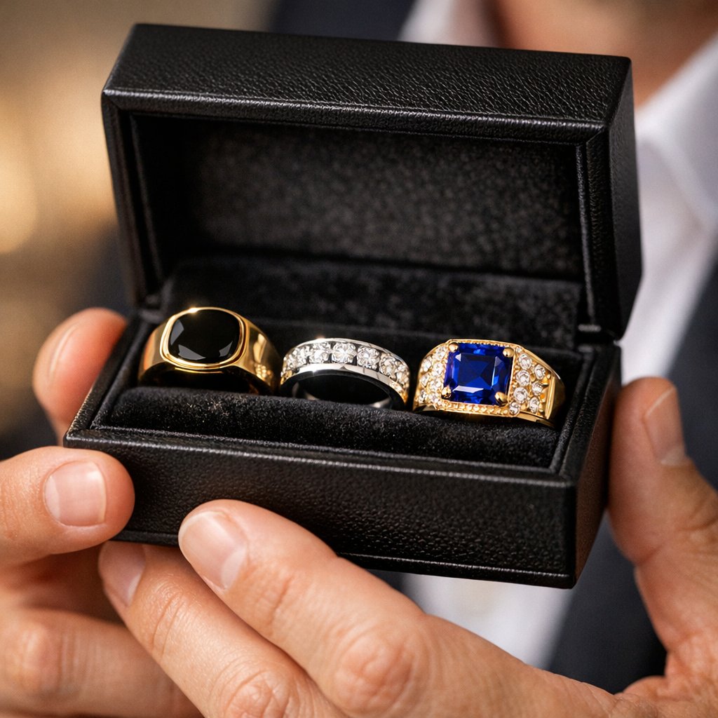 A stylish guide showing a man's hand with rings on different fingers, explaining ring placement and meaning for each finger.