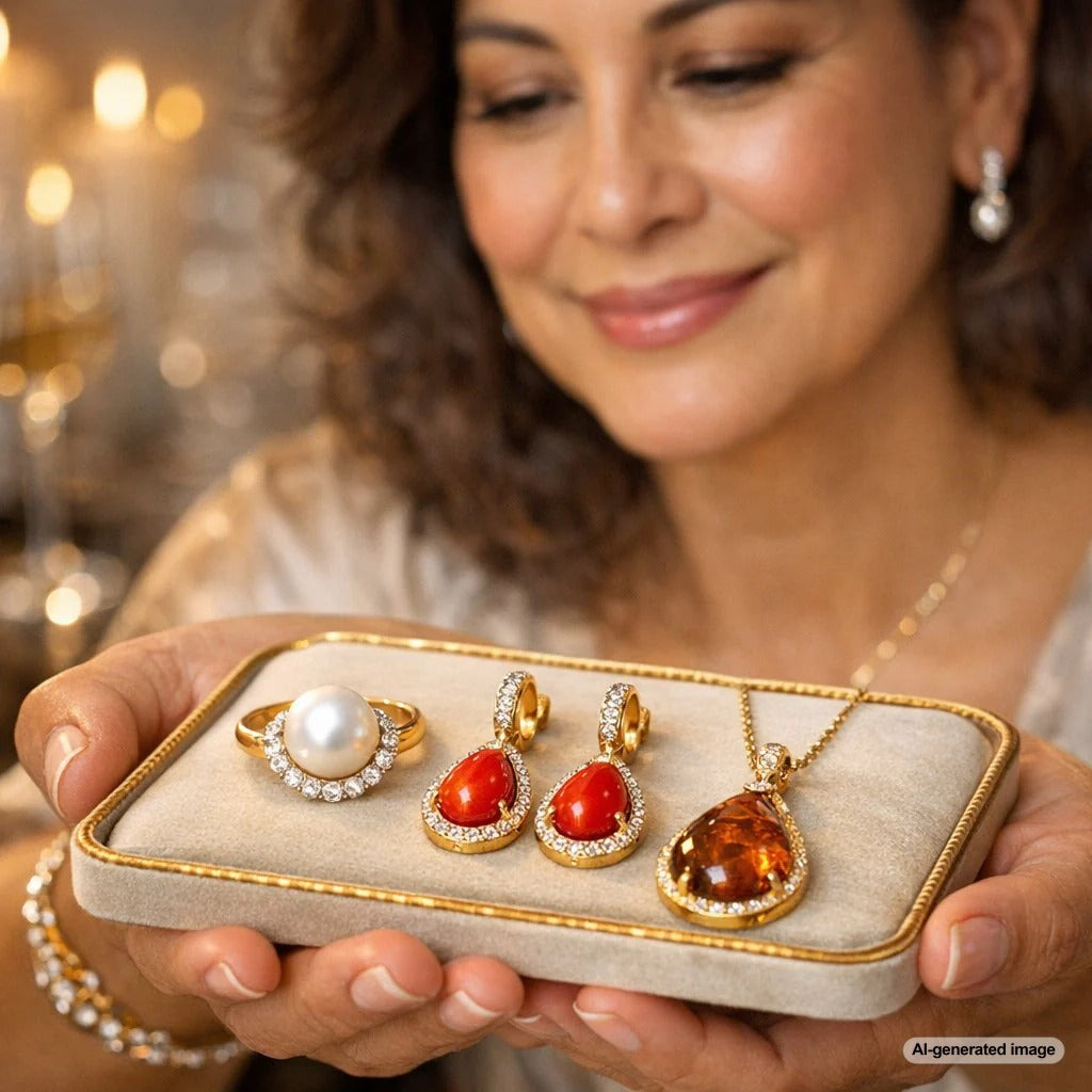 A stunning close-up display of organic gemstone jewelry featuring a strand of lustrous pearls, a raw amber stone, and a polished red coral piece on a reflective surface.
