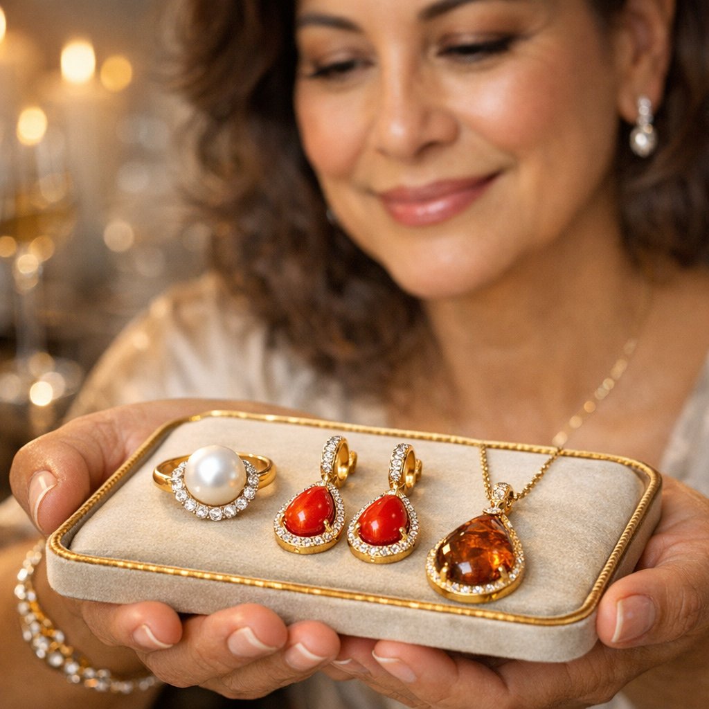 A stunning close-up display of organic gemstone jewelry featuring a strand of lustrous pearls, a raw amber stone, and a polished red coral piece on a reflective surface.
