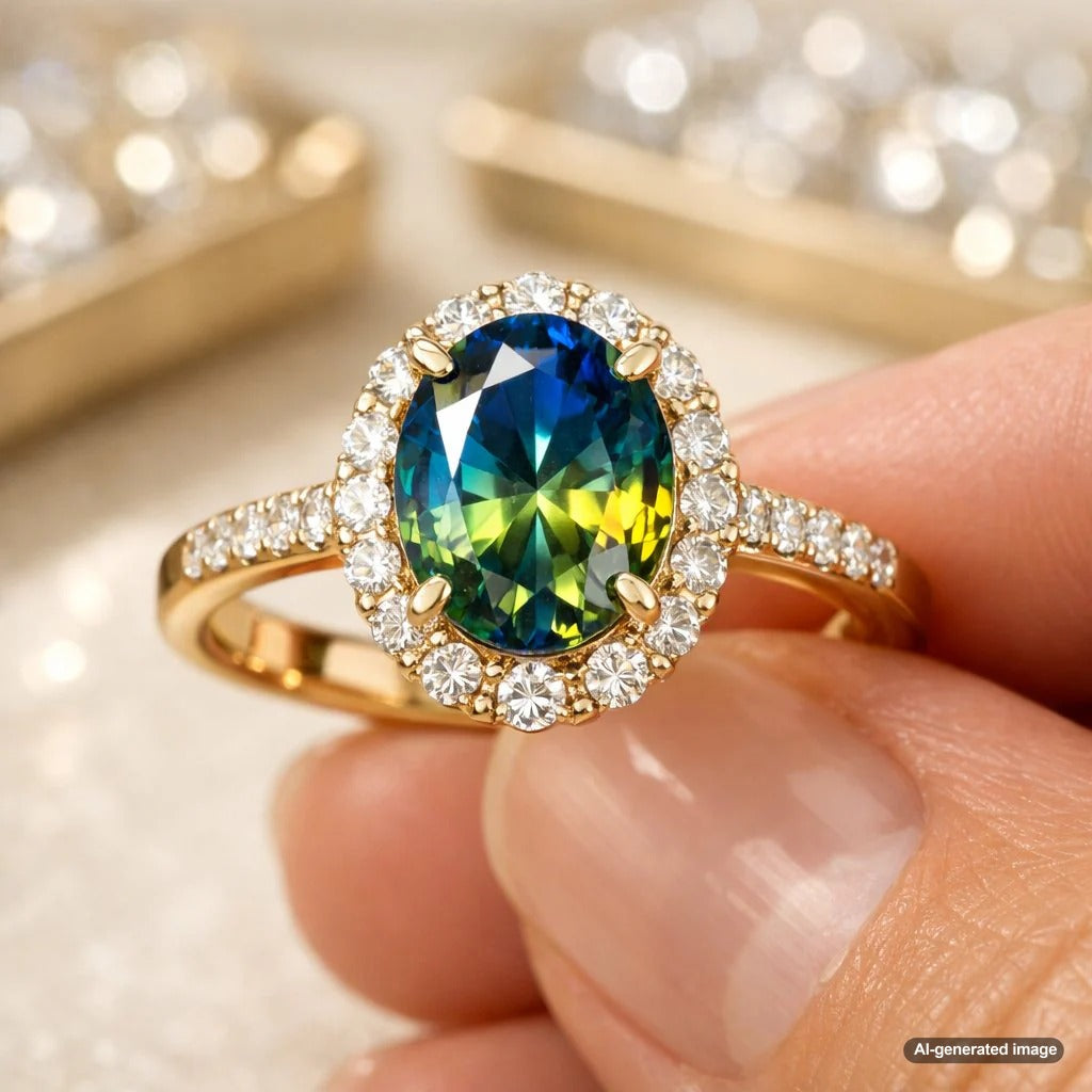 Stunning collection of multi-color parti sapphire gemstones showcasing vibrant blue, green, and yellow color zones in a single stone, set against a luxurious background.