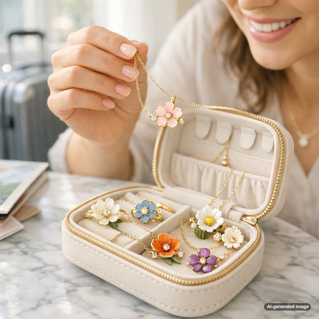 A guide to state flower jewelry for the homesick traveler featuring a stunning diamond and gemstone floral ring displayed alongside various travel-inspired floral jewelry pieces.