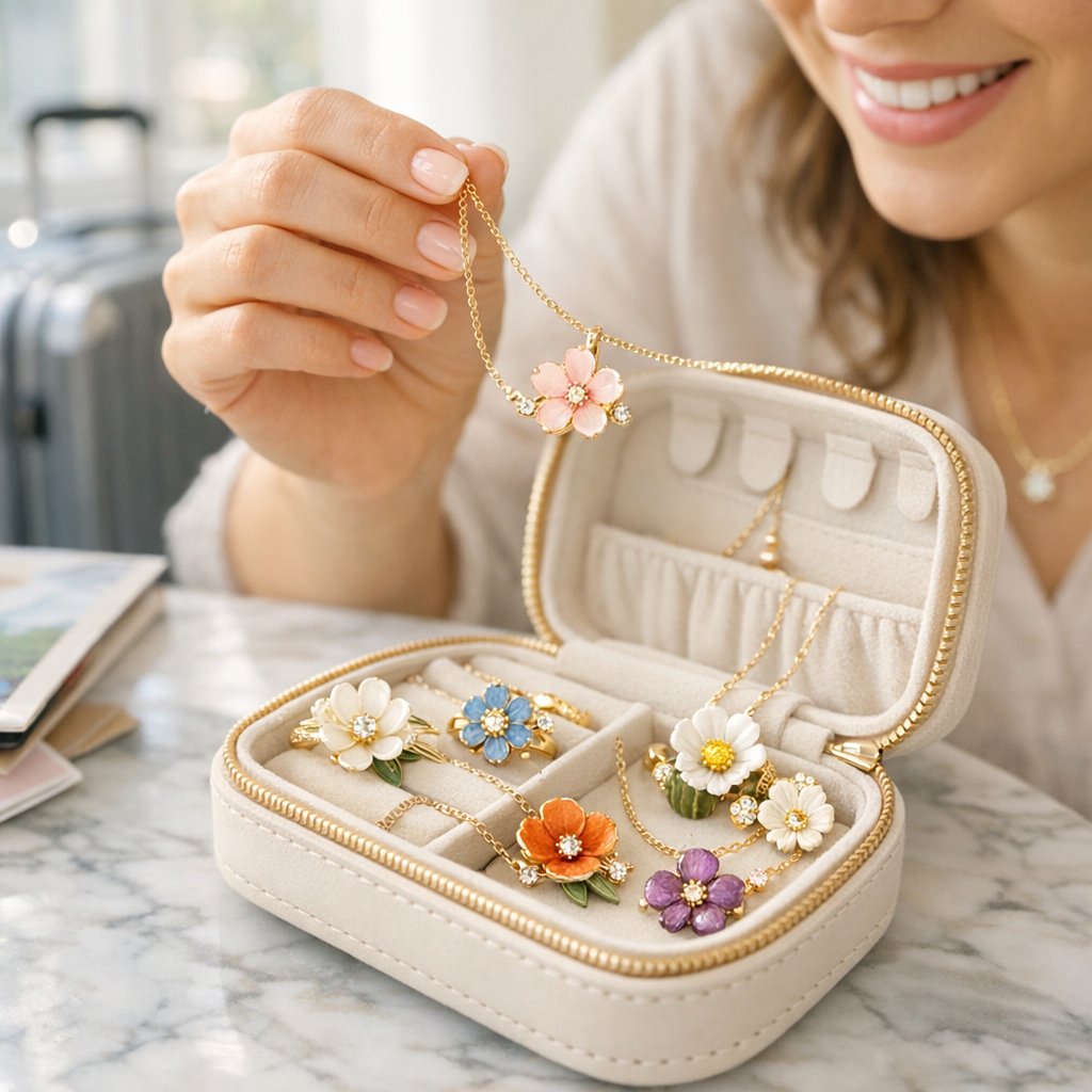 A guide to state flower jewelry for the homesick traveler featuring a stunning diamond and gemstone floral ring displayed alongside various travel-inspired floral jewelry pieces.