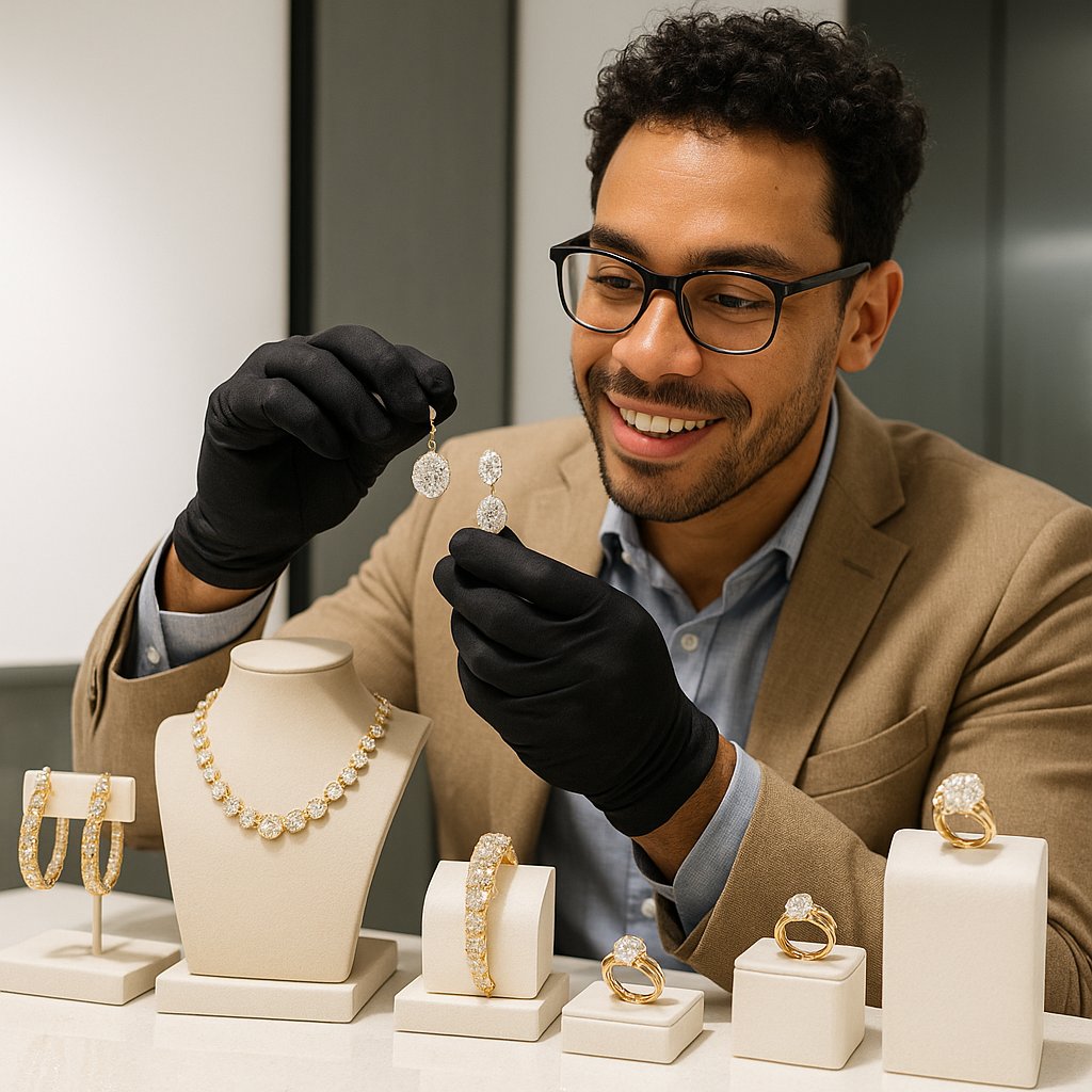 Ultrasonic cleaner with various types of jewelry including diamonds, pearls, and gemstones