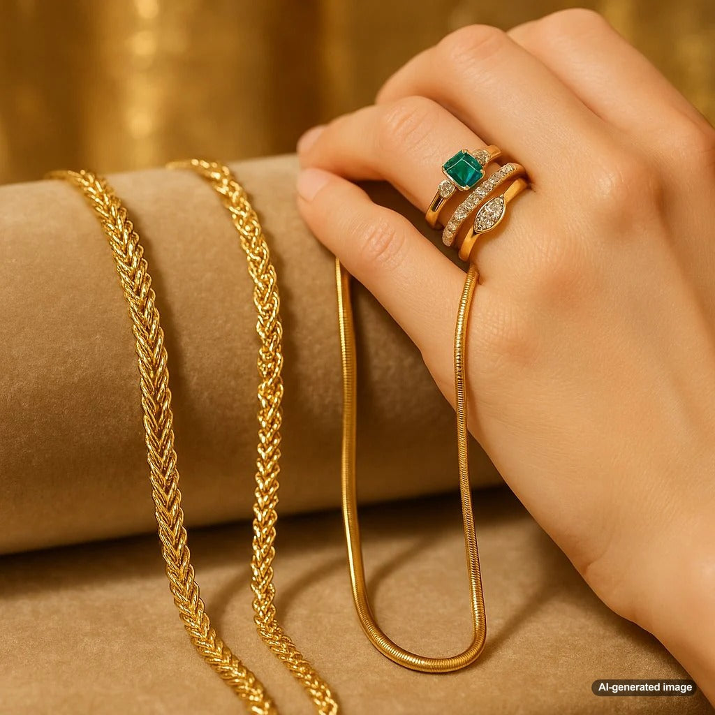 A stylish flat lay of wheat, singapore, and snake chain necklaces showcasing their unique textures and brilliance