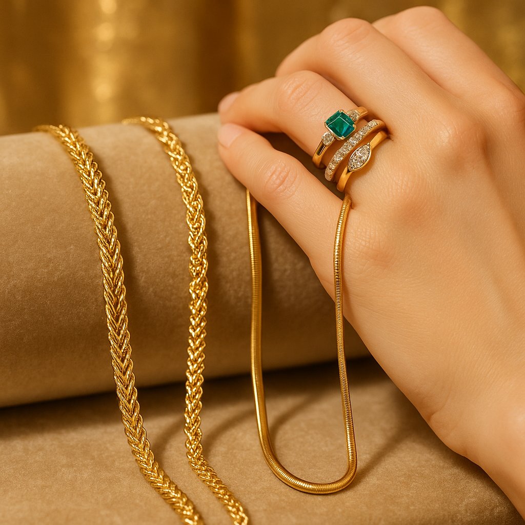 A stylish flat lay of wheat, singapore, and snake chain necklaces showcasing their unique textures and brilliance