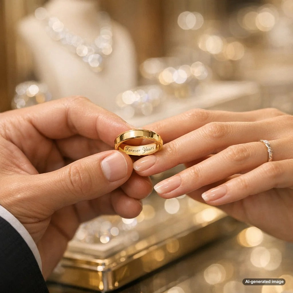 Close up of a woman's hands wearing a diamond ring with an engraved message inside the band, symbolizing a personal love note