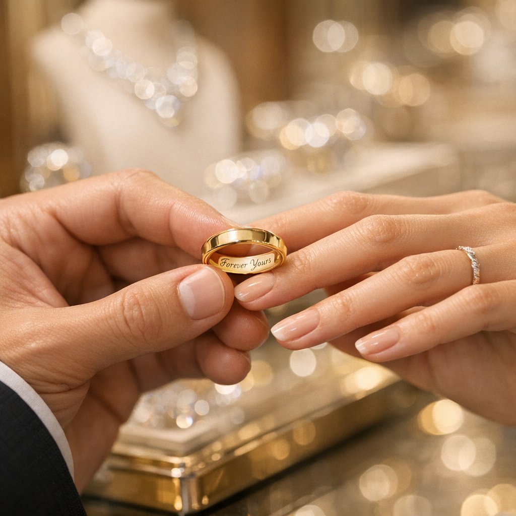 Close up of a woman's hands wearing a diamond ring with an engraved message inside the band, symbolizing a personal love note