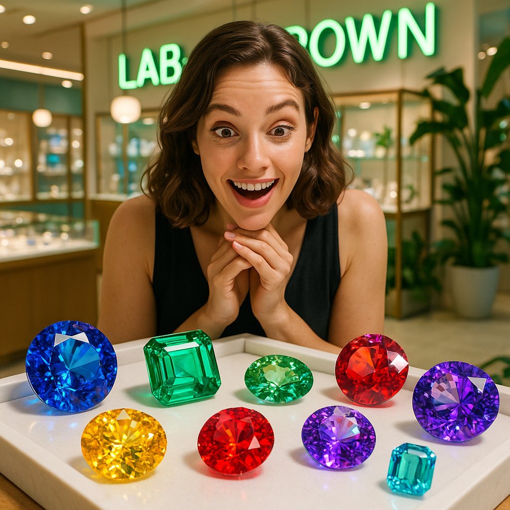 A stunning collection of sustainable lab-grown colored gemstone jewelry including rings, necklaces, and earrings in vibrant shades of pink, blue, and green
