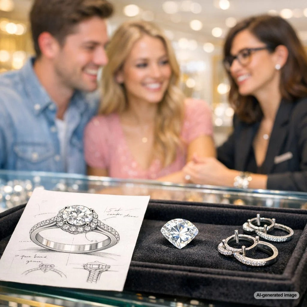 A close-up shot of a custom designed sapphire engagement ring featuring a blue center stone with a diamond halo, representing the unique love story of a real-life couple.