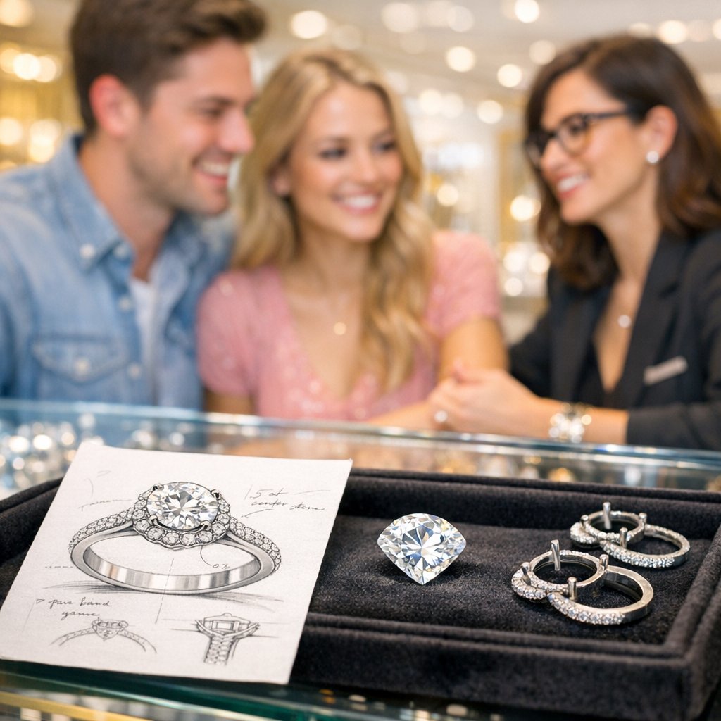 A close-up shot of a custom designed sapphire engagement ring featuring a blue center stone with a diamond halo, representing the unique love story of a real-life couple.