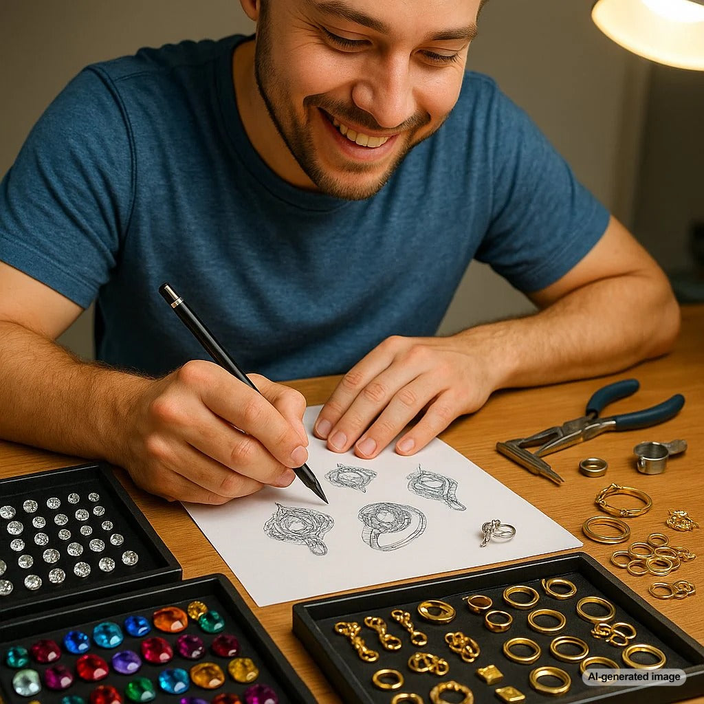 Custom jewelry design process showing hand sketching, wax model, and finished diamond ring at Robinson's Jewelers