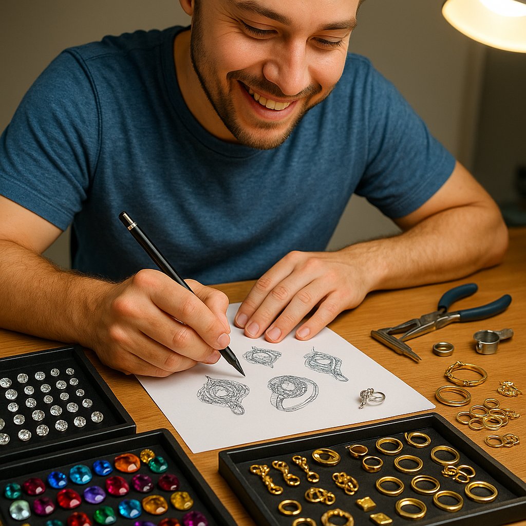 Custom jewelry design process showing hand sketching, wax model, and finished diamond ring at Robinson's Jewelers