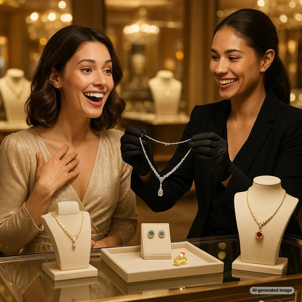 Elegant diamond necklace and earrings as a beautiful push present idea from Robinson's Jewelers
