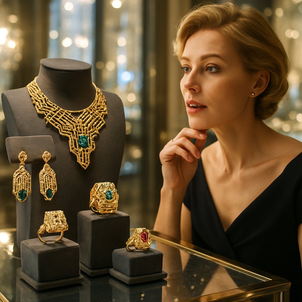 Futuristic AI-designed jewelry pieces showing algorithmic patterns and innovative forms