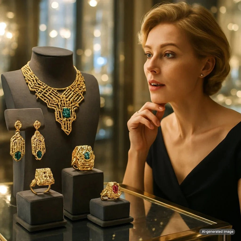 Futuristic AI-designed jewelry pieces showing algorithmic patterns and innovative forms