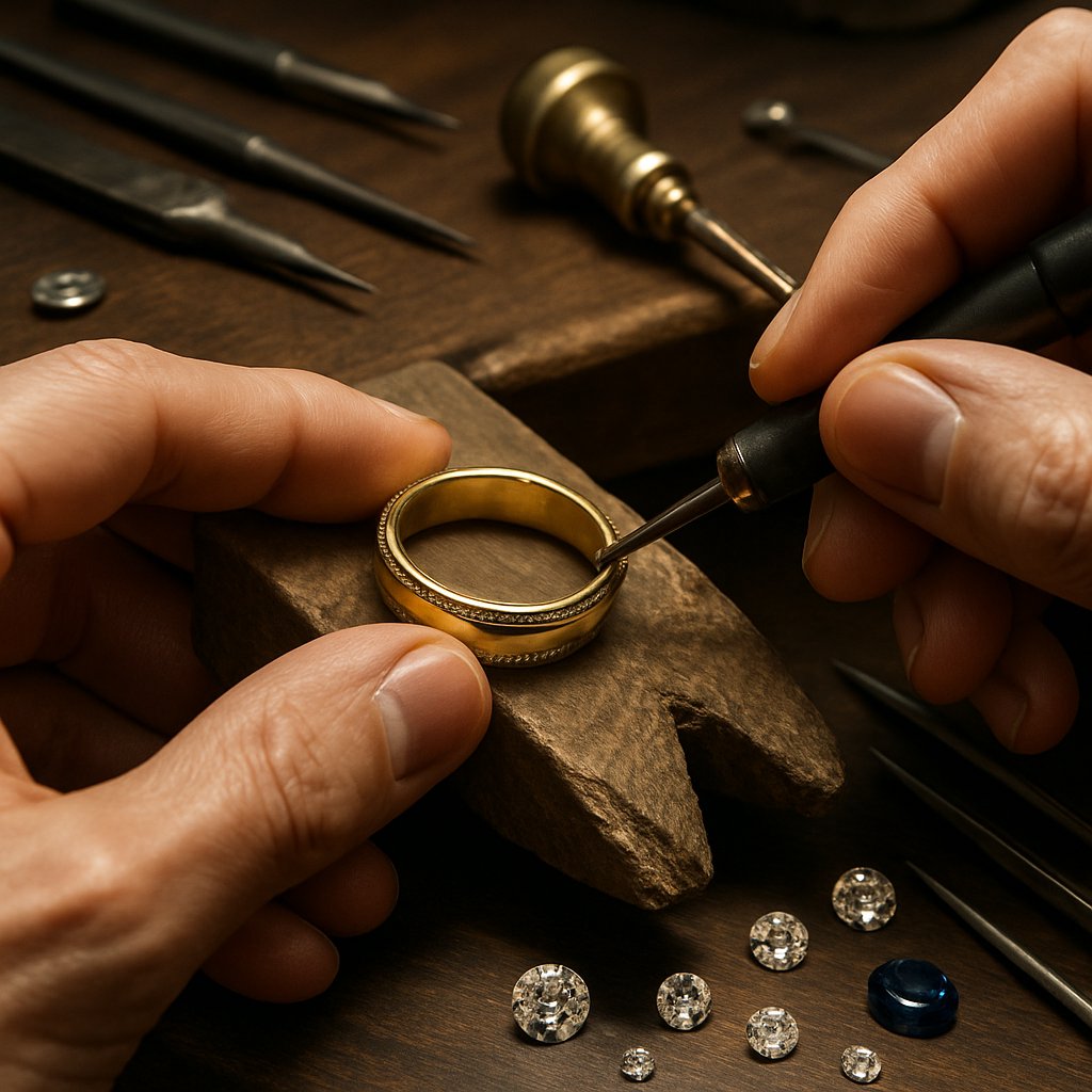 Artisan jeweler hand-forging a ring with traditional tools in Robinson's Jewelers workshop