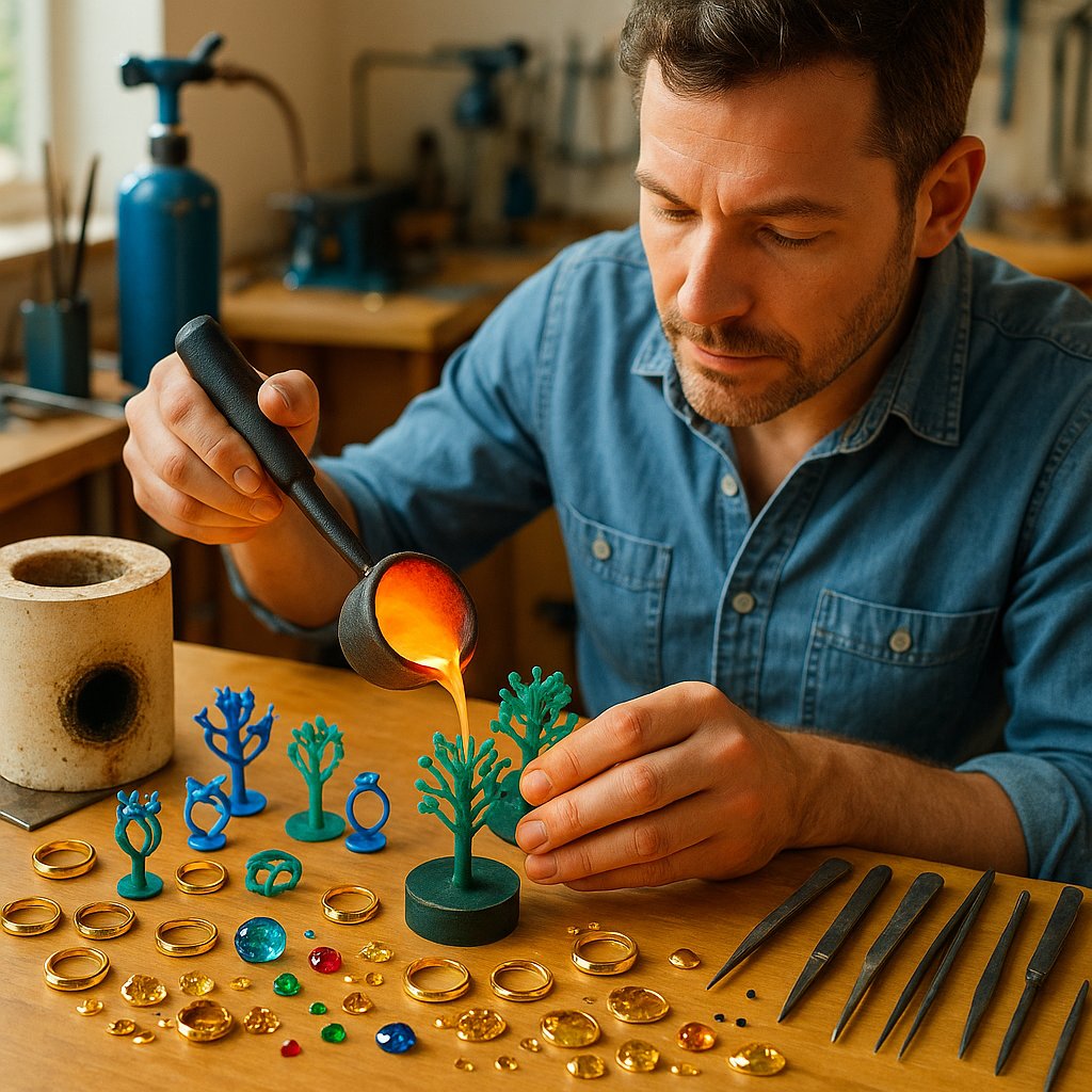 Close-up detail of the lost-wax casting process showing molten gold being poured into a mold at Robinson's Jewelers.