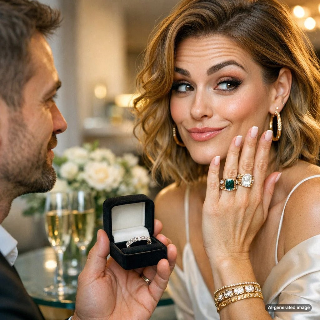 Close-up of a stunning diamond anniversary band nestled between a wedding band and engagement ring on a person's hand.