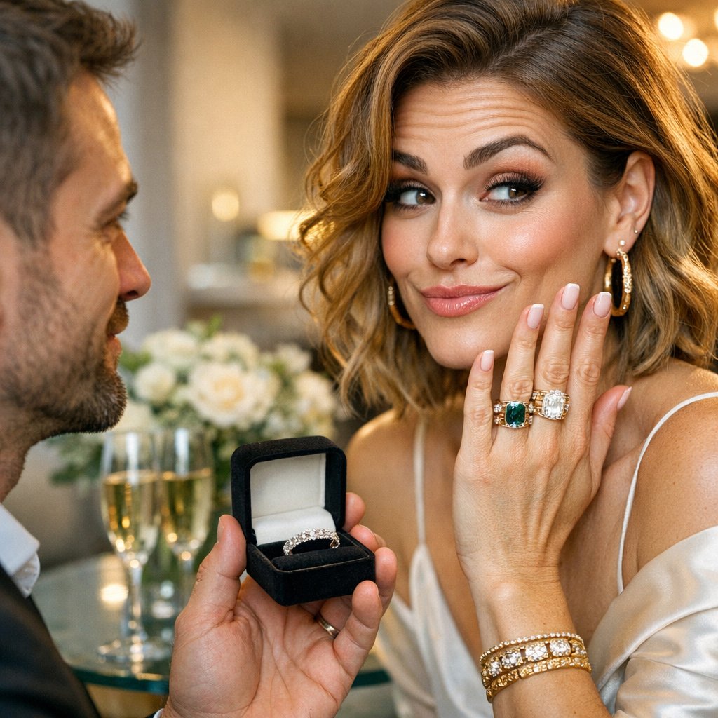 Close-up of a stunning diamond anniversary band nestled between a wedding band and engagement ring on a person's hand.