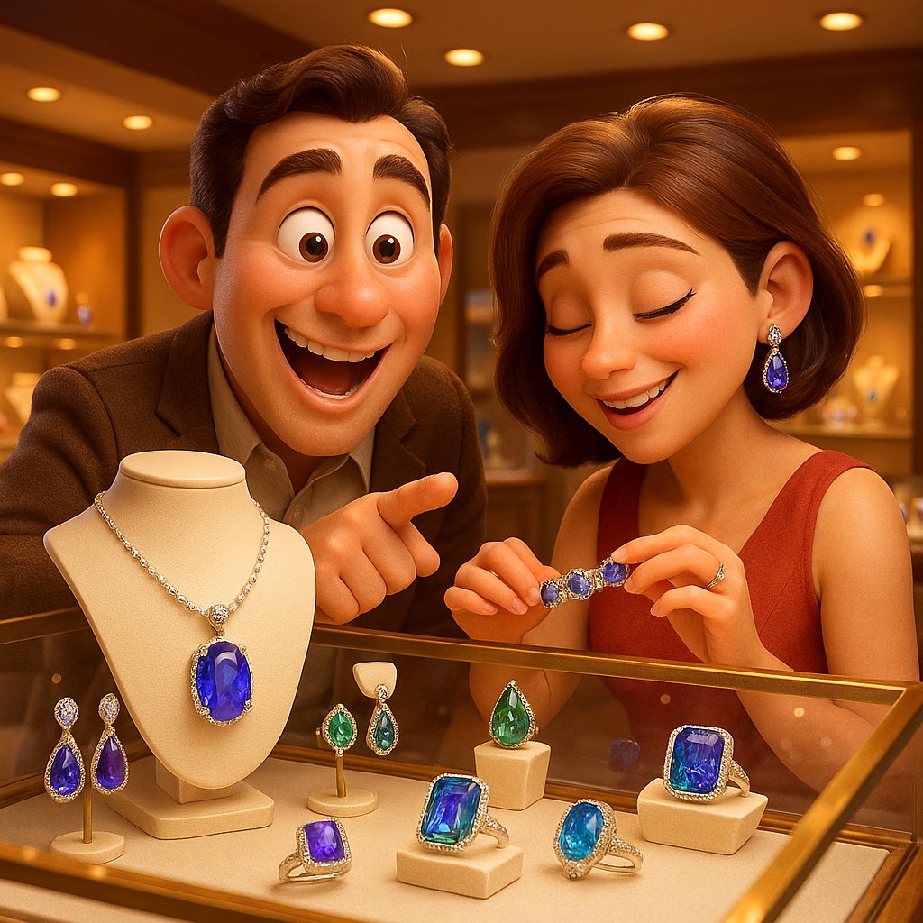 Stunning collection of alternative anniversary gemstone jewelry featuring tanzanite, morganite, and other unique stones from Robinson's Jewelers