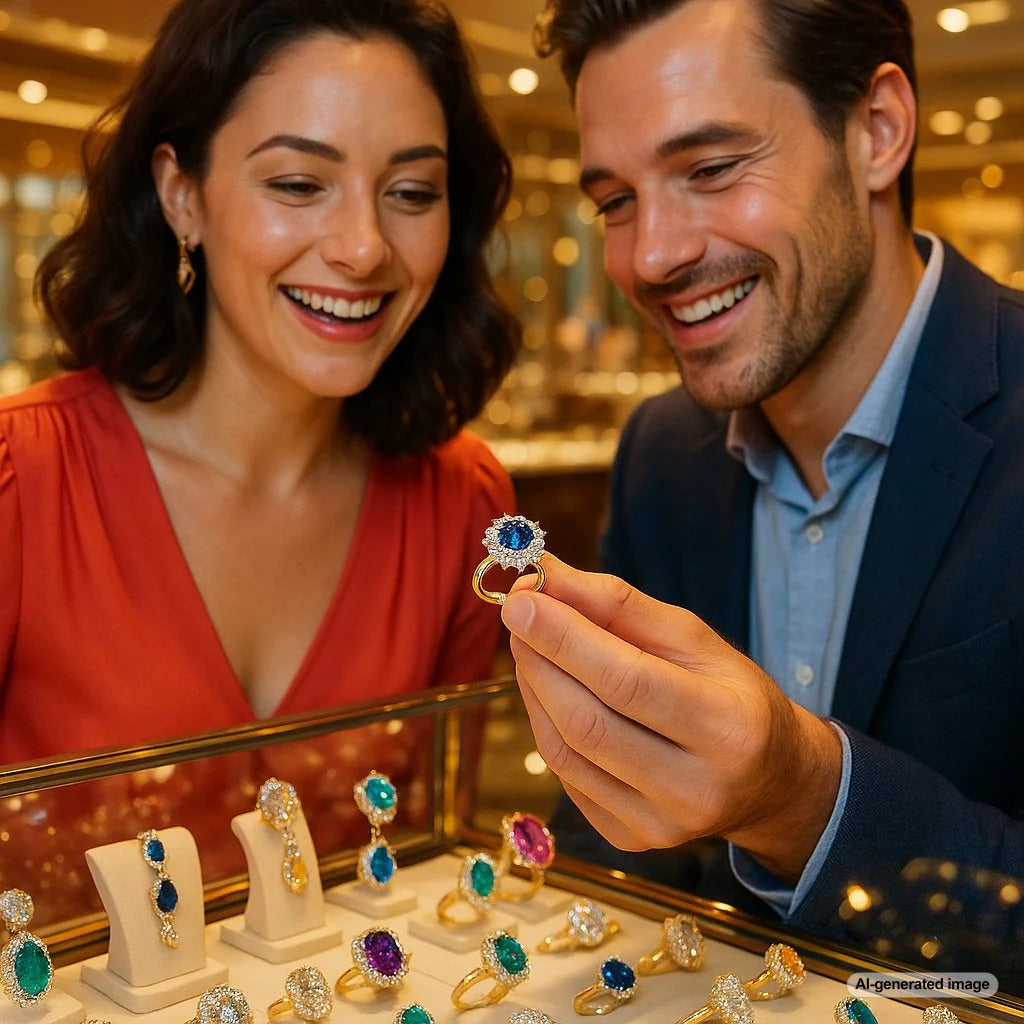 Colorful assortment of anniversary gemstones including diamonds, sapphires, emeralds and rubies arranged in elegant jewelry settings