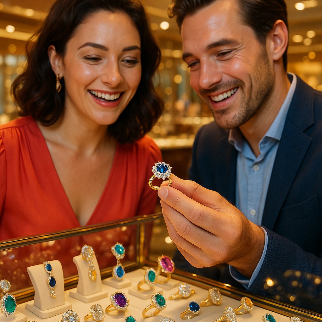 Colorful assortment of anniversary gemstones including diamonds, sapphires, emeralds and rubies arranged in elegant jewelry settings