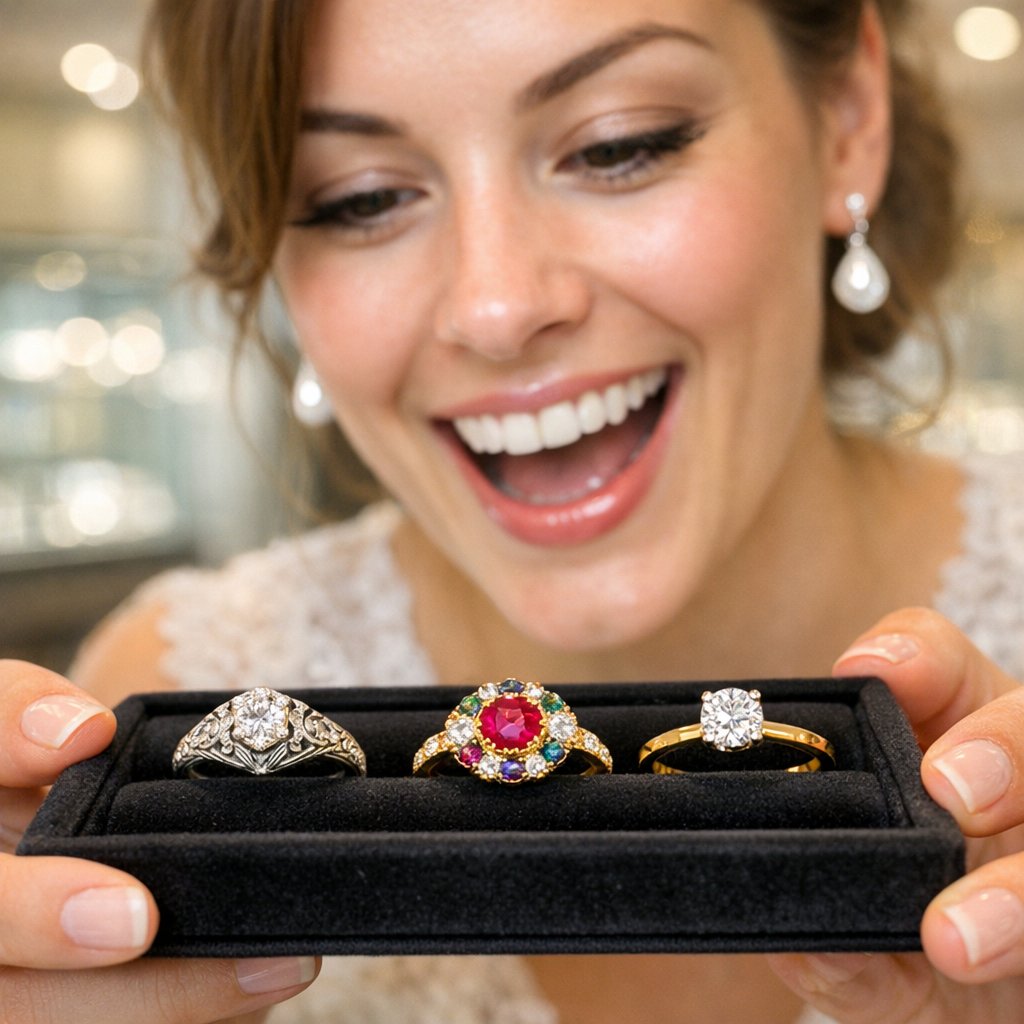 A comparison of antique, vintage, and estate diamond engagement rings on display, showcasing different eras and styles for a bride-to-be.