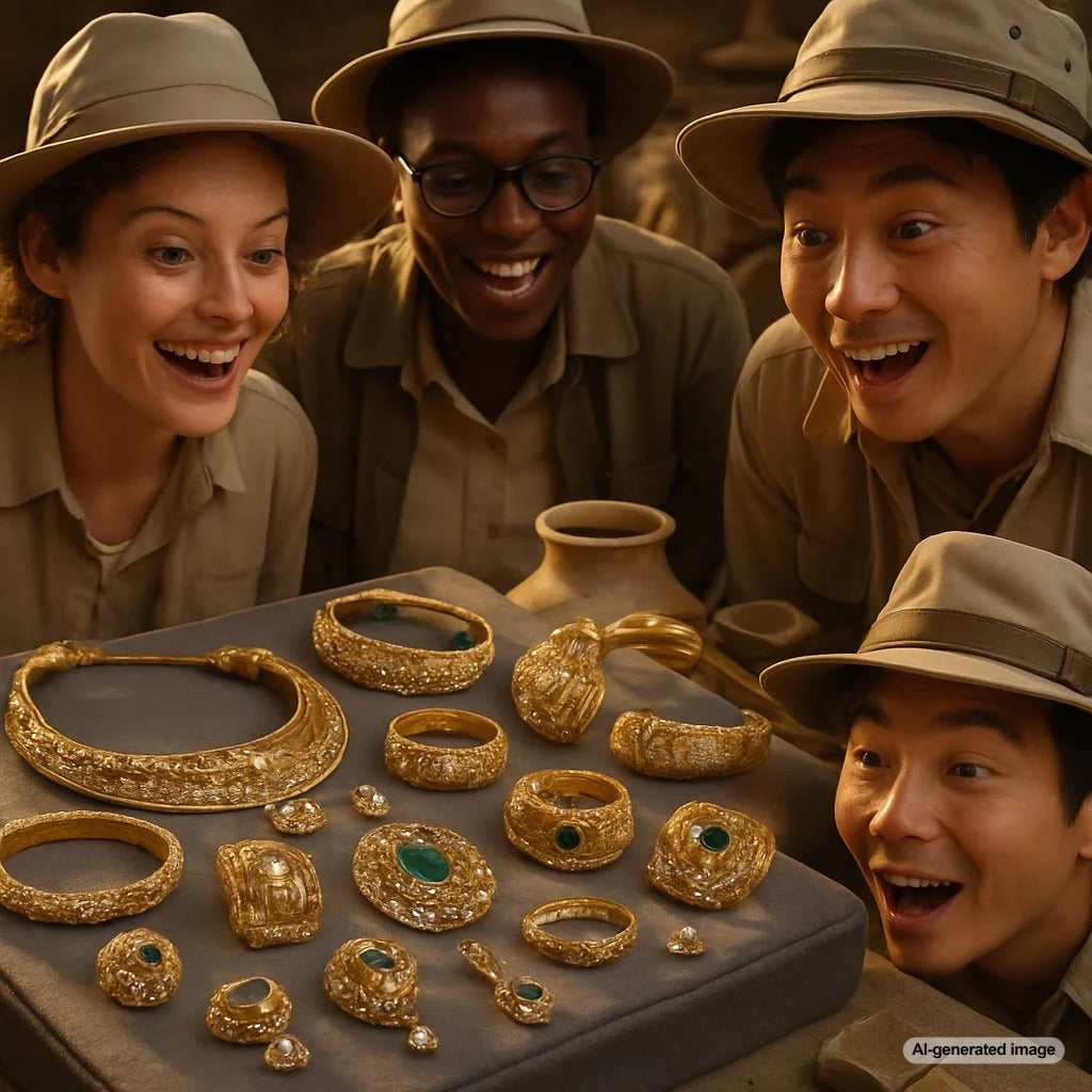 Ancient jewelry archaeological discoveries including Egyptian gold, Roman treasures, and Viking silver artifacts