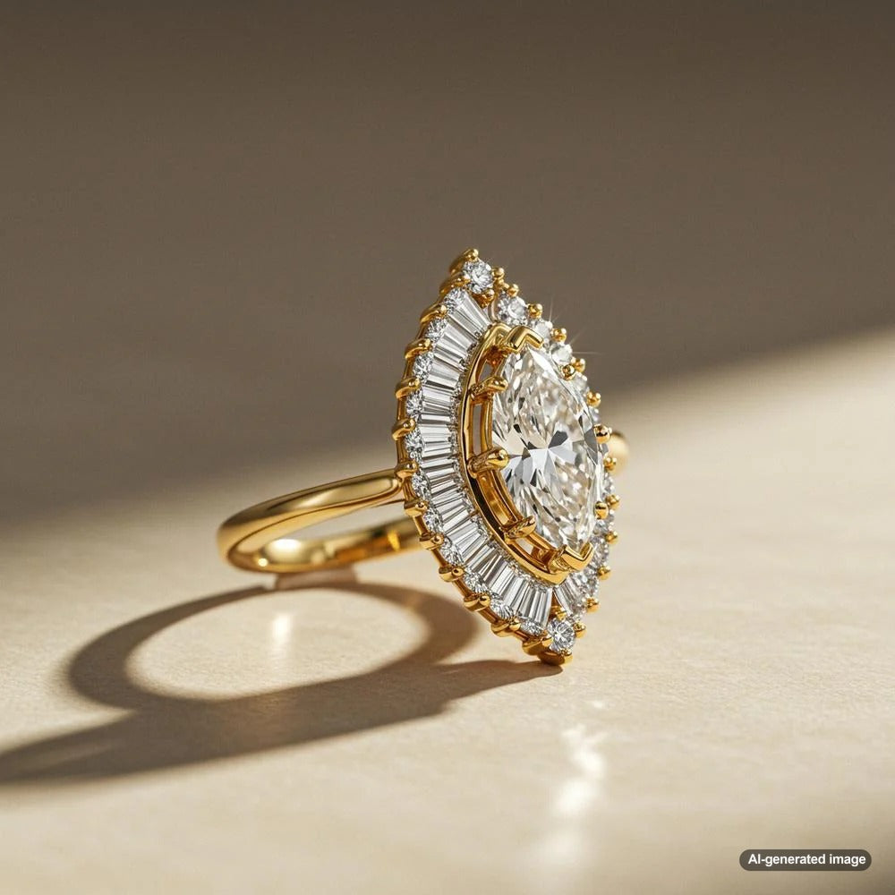Marquise cut diamond ring sparkling on a velvet background