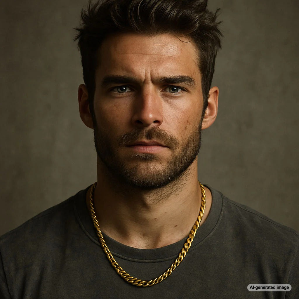 Stylish man wearing a sleek chain necklace from Robinson's Jewelers