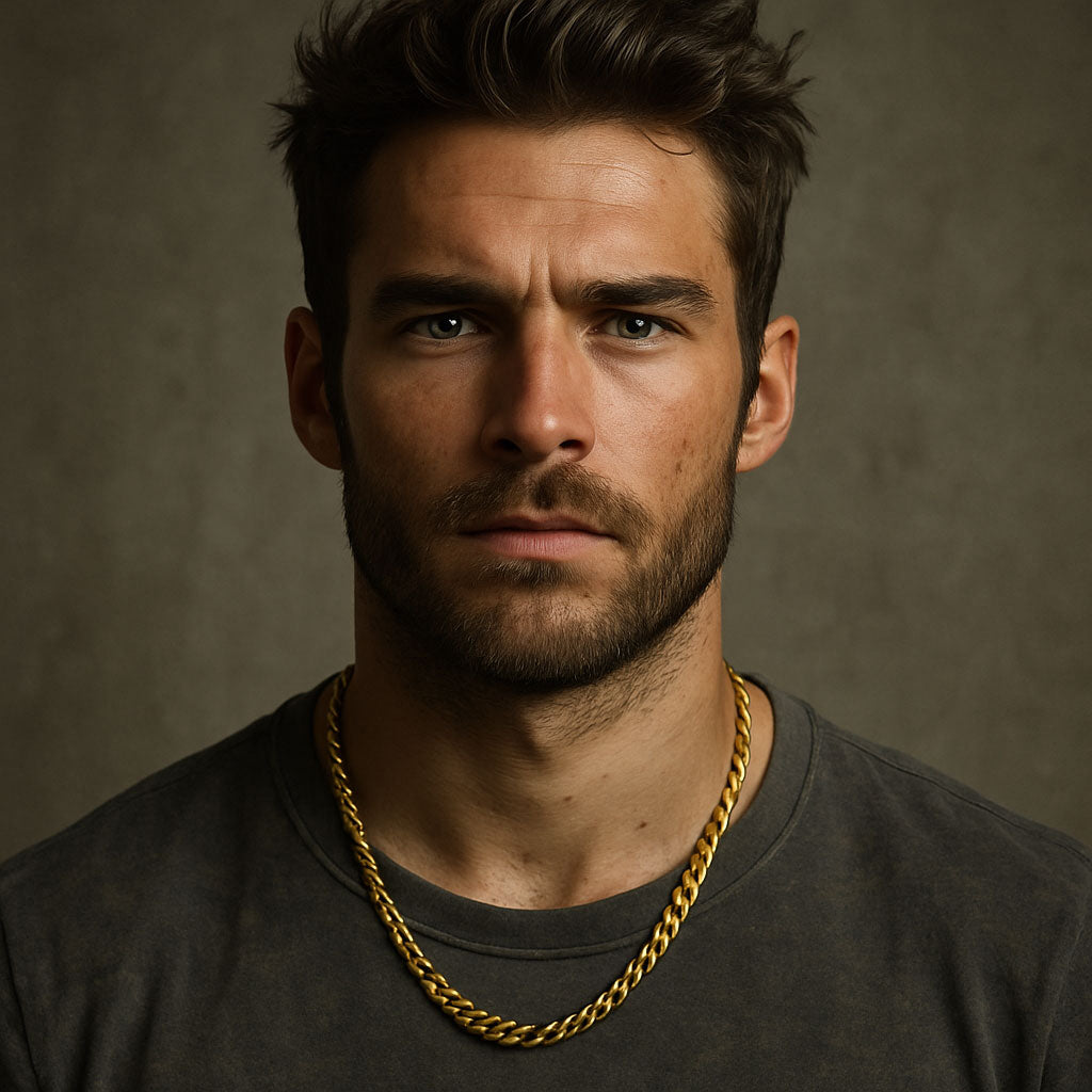 Stylish man wearing a sleek chain necklace from Robinson's Jewelers