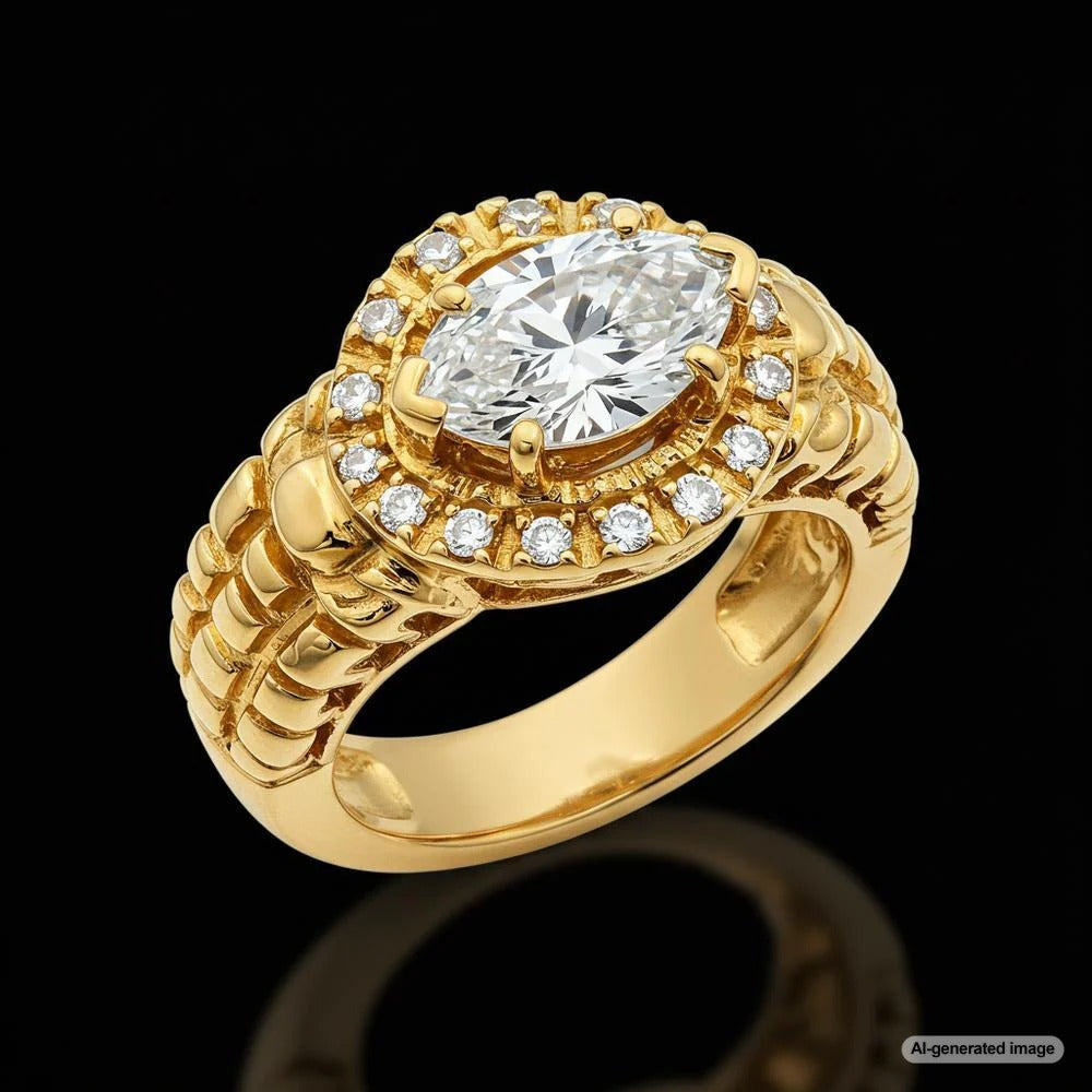 Vintage gold rings with intricate designs displayed on velvet