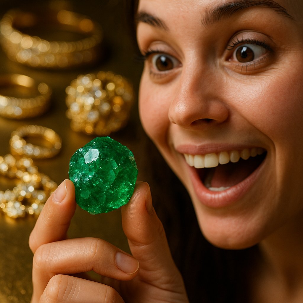 A close-up shot of a raw, uncut emerald crystal next to a beautifully polished and faceted emerald in a luxury ring setting at Robinson's Jewelers