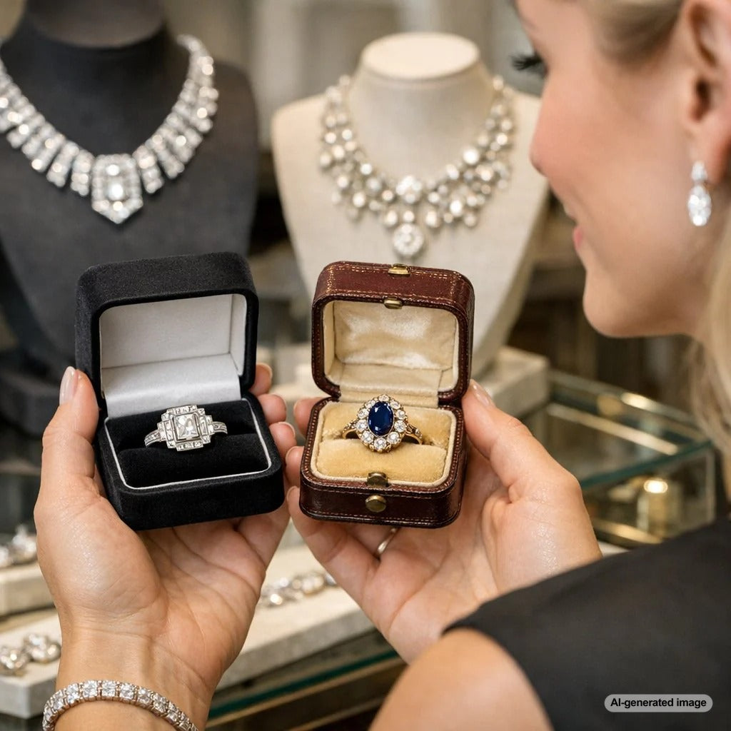 Art Deco vs Victorian jewelry comparison guide featuring geometric diamond rings and romantic Victorian locket and pearl earrings