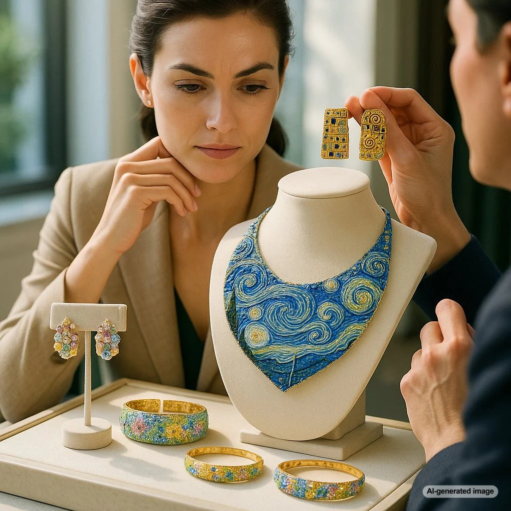 Art inspired jewelry featuring motifs from Monet, Klimt, and Van Gogh including gold necklaces, colorful gemstone rings, and enamel bracelets
