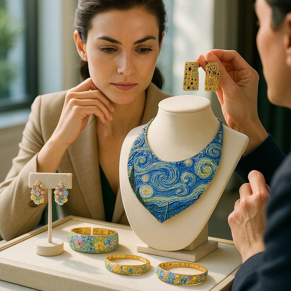Art inspired jewelry featuring motifs from Monet, Klimt, and Van Gogh including gold necklaces, colorful gemstone rings, and enamel bracelets