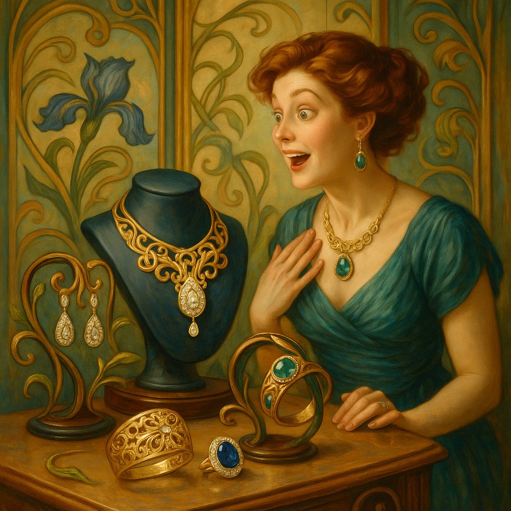 Art Nouveau inspired jewelry featuring organic forms and nature motifs against a dark background