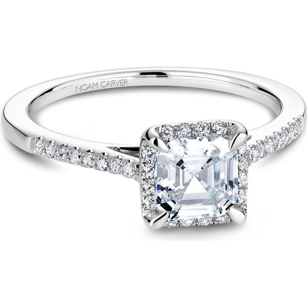 Asscher cut diamond engagement ring with halo and pave band in white gold