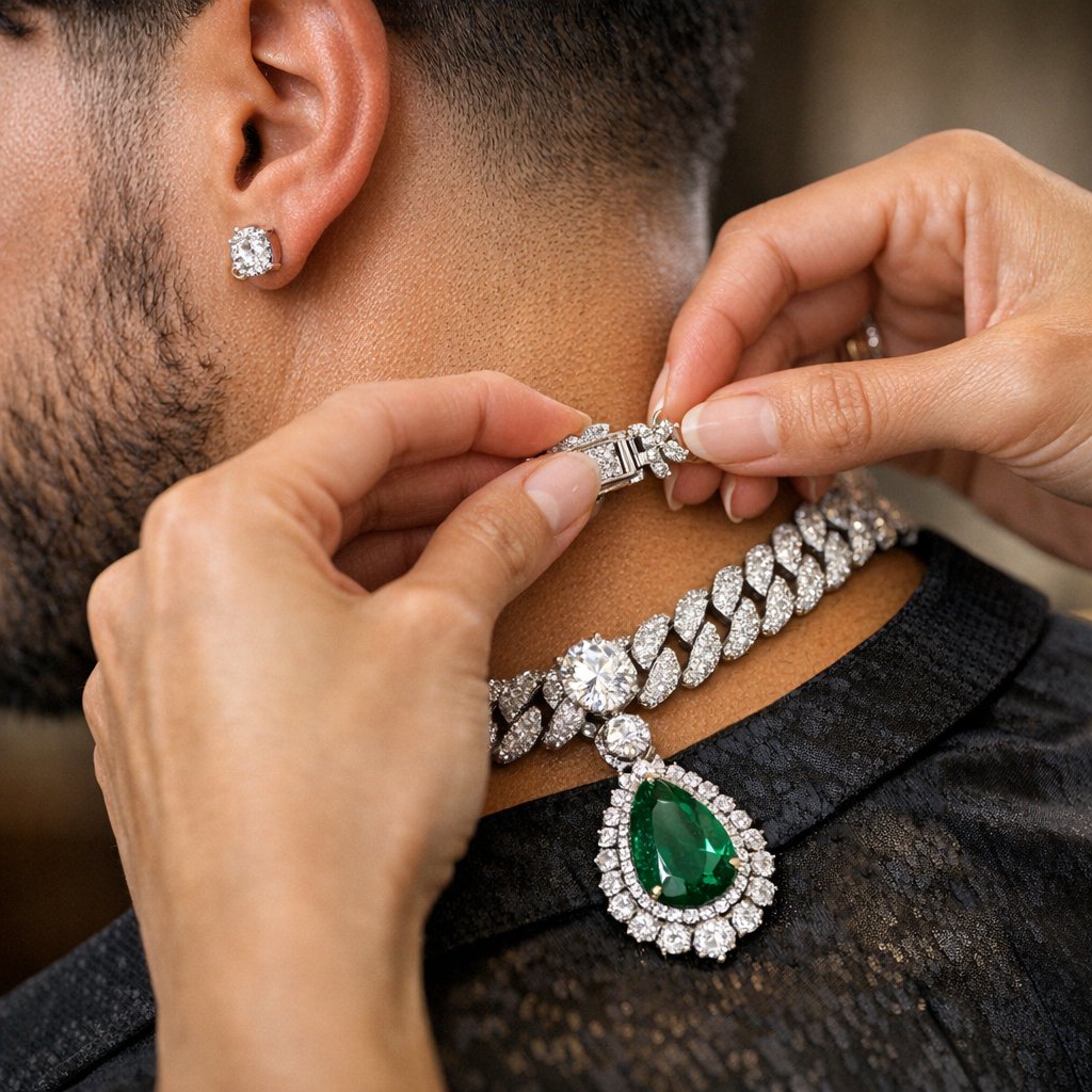 Bad Bunny wearing a single marquise-cut diamond earring on stage at the Super Bowl halftime show, representing men's diamond jewelry trends.