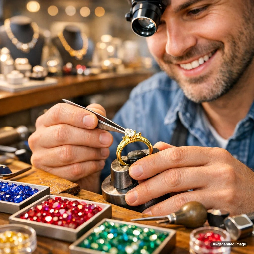 A close-up view of a gem setter's hands working on a jewelry piece at a workbench, showcasing the intricate tools and focus required for the craft.