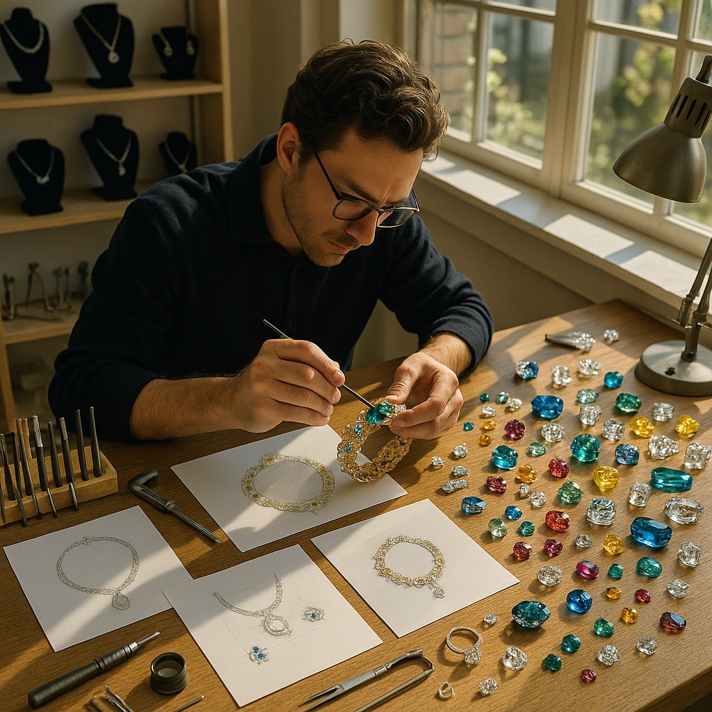 Behind the scenes look at a jewelry designer's studio with tools, sketches, and gemstones on a workbench