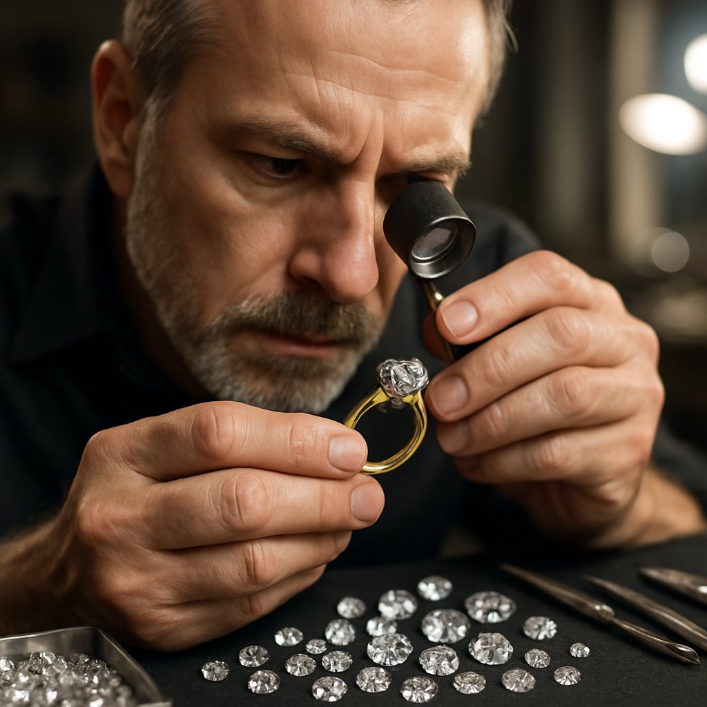 Master jeweler at Robinson's Jewelers carefully setting a diamond in a custom engagement ring